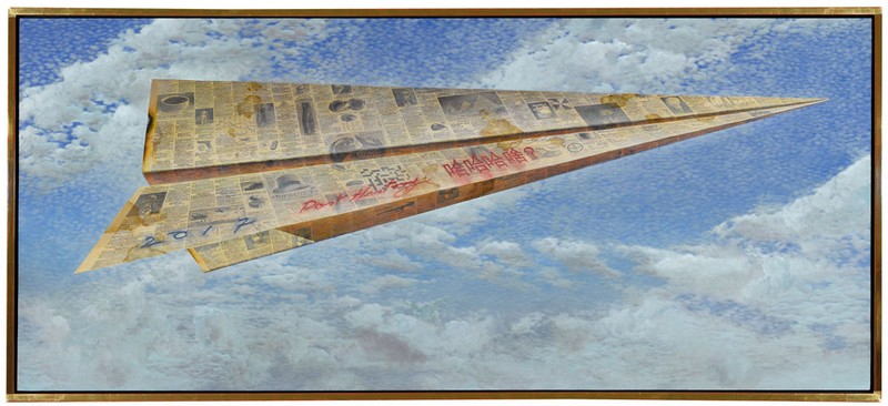 A very large painting of a paper aeroplane by Tim Storrier, Old History, 20...